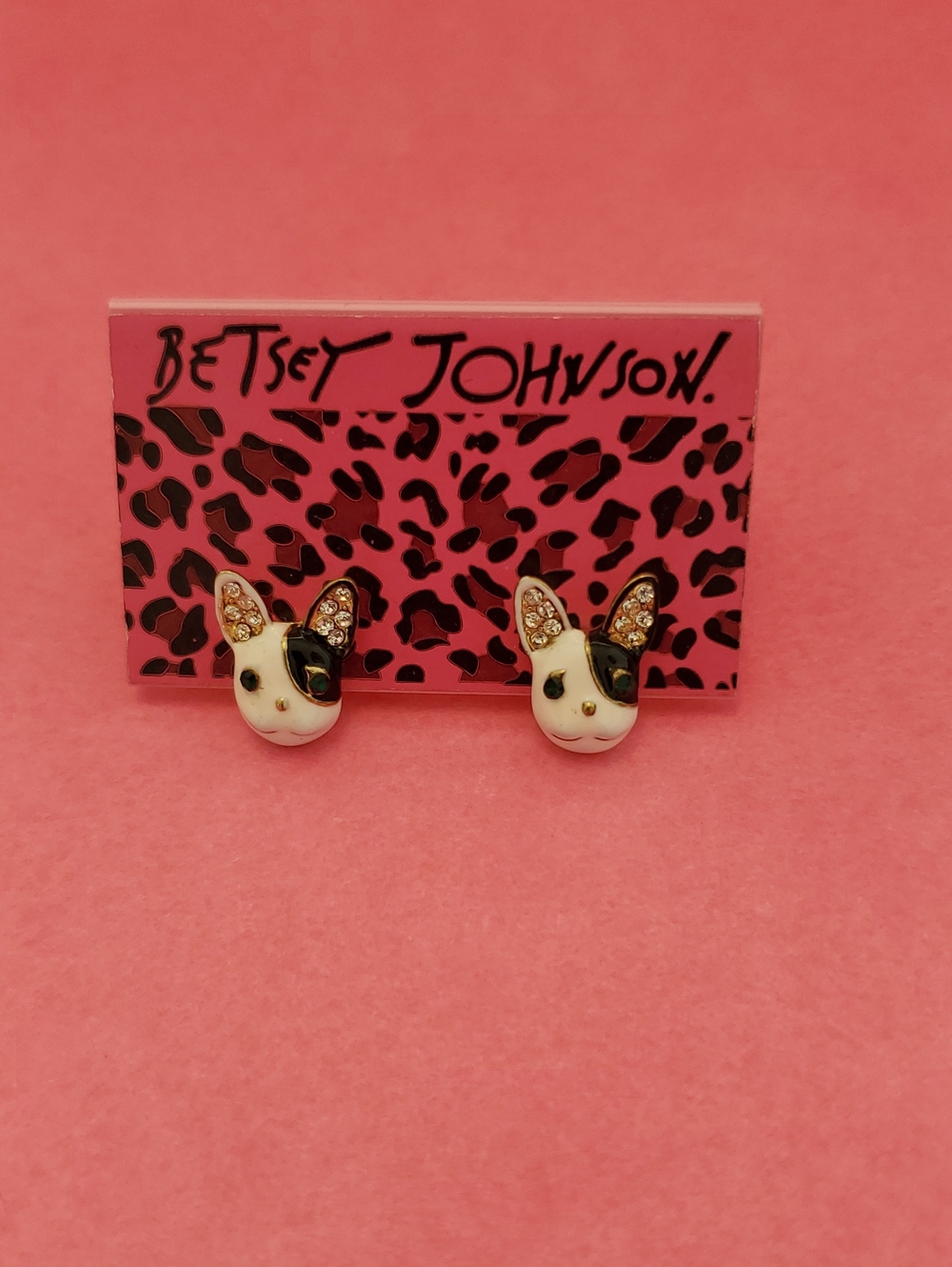 Betsey Johnson DUPE Pink & White Cat Face Crystal Stud Earrings